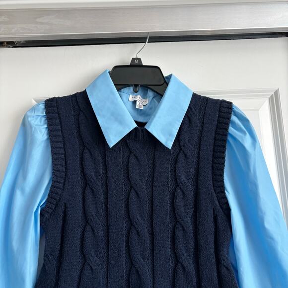 Current Air Blue Contrast Eyelit Top Sz M Academia Cable Knit Preppy - Picture 3 of 11